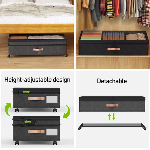Under Bed Storage with Wheels, 2Pack Expandable UnderBed Storage Containers with Clear Lid & Label, XXL 70L Under The Bed Storage Bins for Clothes, Shoes, Blankets, Books, Toys (Black)