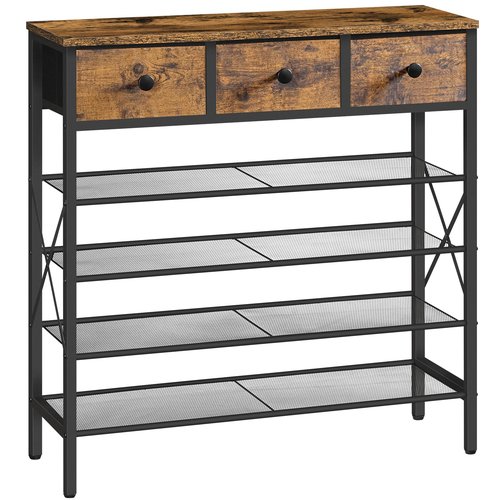 YATINEY 5-Tier Shoe Rack with 3 Drawers, Metal Shoe Organizer for 20 Pairs with Storage Shelves and Wooden Top, for Entryway, Hallway, Foyer, Closet, Rustic Brown and Black SS35BR