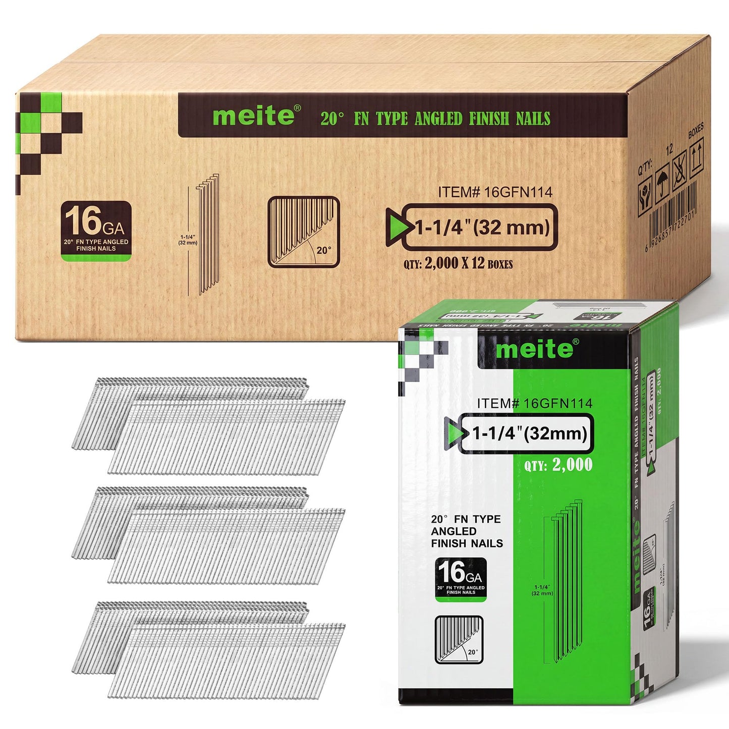 meite 16 Gauge 20 Degree Angled Finish Nails 1-1/4 Inch Galvanized Rust-Proof Finishing Nails for Electric or Pneumatic Finish Nailer - Cabinet Crown Baseboard Trim & Molding (24,000 PCS)