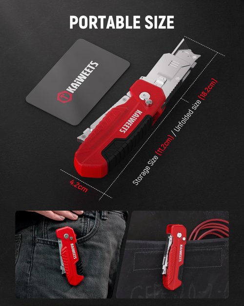 KAIWEETS Utility Knife Scraper, 2-in-1 Folding Box Cutter with Blade Storage, Heavy Duty Zinc Alloy Body, Retractable Design, 12pcs SK2 Black Blades replacement, EDC Tool for Home, Office, DIY– Red