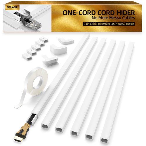 Delamu Cord Hider, 94.5in Cord Covers for Wires on Wall, One-Cord Cable Hider, Wire Hiders Wire Covers for TV Cords on Wall, Easy Mount Cable Cover Management Kit, 6xL15.7 W0.59 H0.4in, White