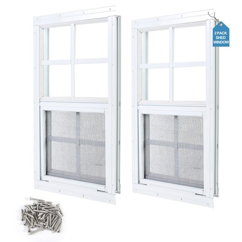 Ktondic 2 Pack Shed Window 14"X21" White Flush Mount Household Windows with Tempered Glass and Fiberglass Screen for Shed Chicken Coop Playhouse and Garage