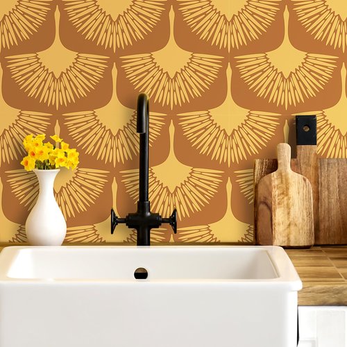 Livelynine Retro Mustard Yellow Bird Wallpaper Peel and Stick Art Deco Crane Wall Paper Removable Contact Paper Waterproof Terracotta Dark Orange Japanese Birds Self Adhesive Wall Covering 17.5x78.8"