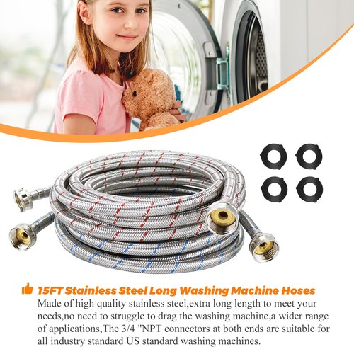 15ft LONG Washing Machine Hoses UPGRADE by Blutoget- Braided Stainless Steel Washer Hoses - Hot and Cold Water Lines 3/4'' Standard Interface -Burst Proof Leak Free Hose (2 Pack) - 10 YEARS GUARANTEE