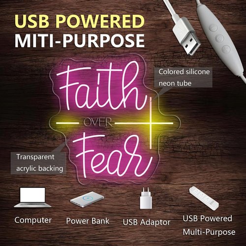 Faith Over Fear Neon Sign for Wall Decor Jesus Neon Light Christian LED Signs Dimmable Letters Neon Lights Signs for Bedroom Living Room Wedding Church Decor Neon Light for Christian Religious.