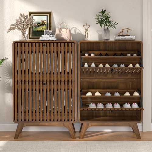 Jluomei Fluted Entryway Shoe Cabinet Storage, Wood Modern Rack Organizer with 2 Flip Drawers, Narrow Slim Shoe Organizer Cabinet for Entry Way, Wooden, Small, Hidden, Brown, Walnut