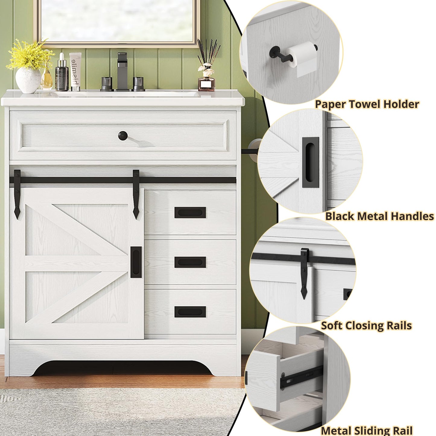 IRONCK 30" Bathroom Vanity with Sink, Farmhouse Bathroom Sink Cabinet with Flip Drawer & Sliding Barn Door, Freestanding Bathroom Vanities with Metal Handles, Paper Towel Holder,White