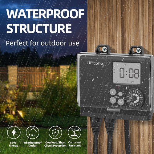 TiFFCOFiO New Digital Outdoor Timer Waterproof, Dial Programmable Method, Outdoor Pool Pump Timer with 2FT Extension Cord, 2 Grounded Electrical Outlets for Lights, 6 Sets of Programs, 20A/2500W