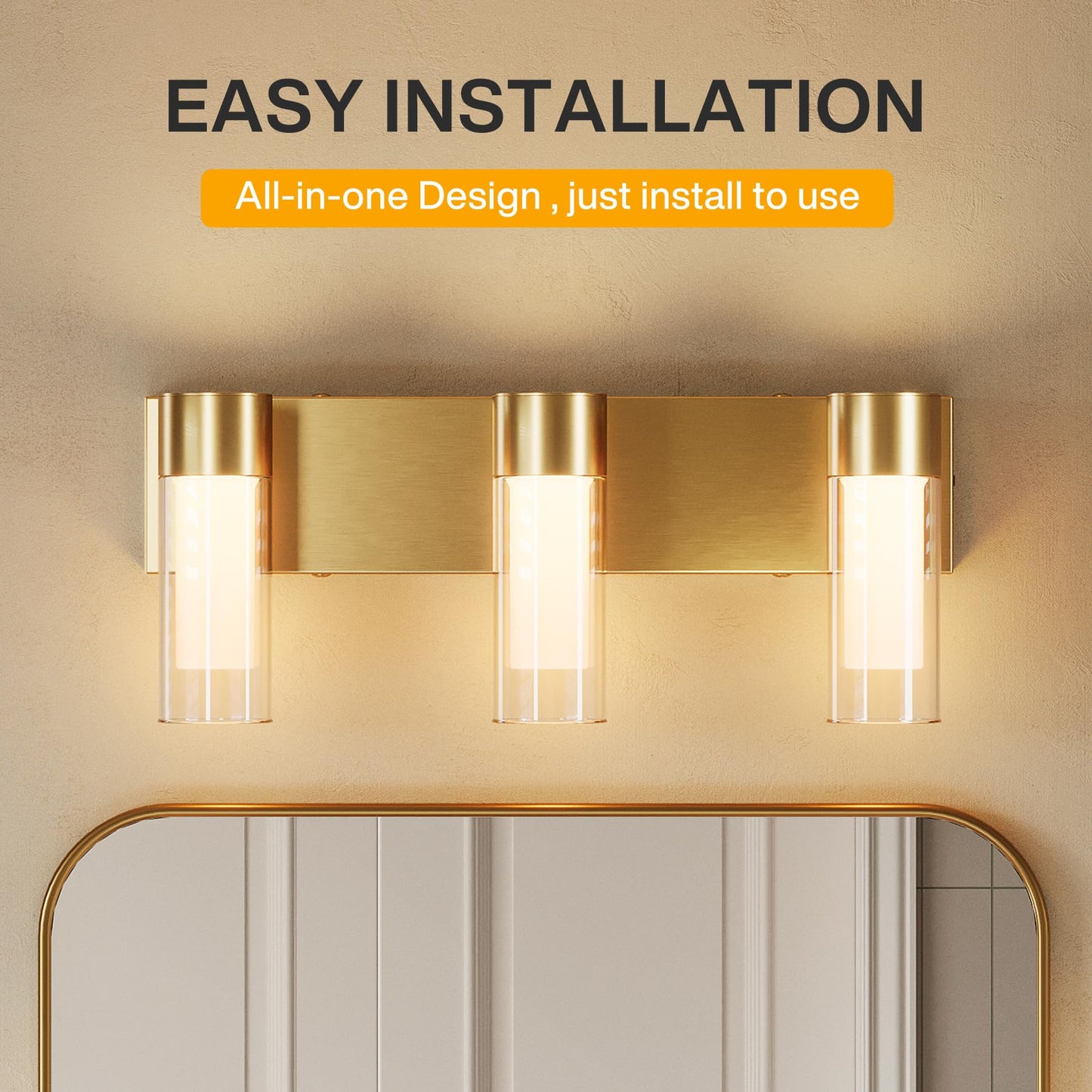 Tribesigns LED Bathroom Light Fixtures, 3-Light Vanity Lights Over Mirror, Wall Lights with 3 Color Modes & Gold Finish, Wall Sconces with Clear Glass Shades for Bathroom Hallway Bedroom