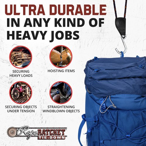 Rope Ratchet 1/4" Adjustable Pulley System, Heavy-Duty Locking Strap for Hoisting, Tarp Tie Down, Gear Securing, Tent Setup, Grow Light Hanging, 8' Braided Polypropylene Rope, 150 lb Capacity