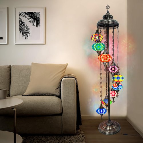 Tall Standing Lamp, Mid Century Boho Floor Lamp for Living Room, Bedroom, or Nightstand - Unique Turkish Tiffany Style with Stained Glass, Moroccan Design, Big 7'' 9 Globe Mosaic (Mix Different)