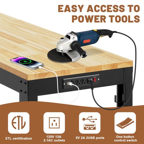 Antifir 60" Heavy Duty Workbench 1800 Lbs Capacity Solid Wood Working Bench Adjustable Height Rolling Work Tables with Power Outlets for Garage Shop Home Office