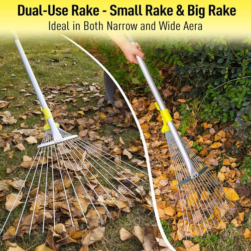 JARDINEER Adjustable Rakes for Leaves, Larger Garden Leaf Rake for Lawns Grass with 7-23" Expandable Head, Yard Collapsible Rake for Camping (64 inches)