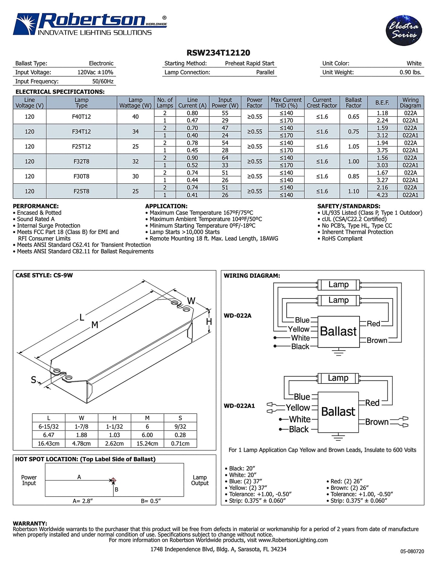 Robertson RSW234T12120 (3P20132) Fluorescent Electronic Ballast, 120Vac, for 1 or 2 T8 Lamps between 25W to 32W, or 1 or 2 T12 Lamps between 25W to 40W, Preheat Rapid Start Operation (Qty 1 ea.)