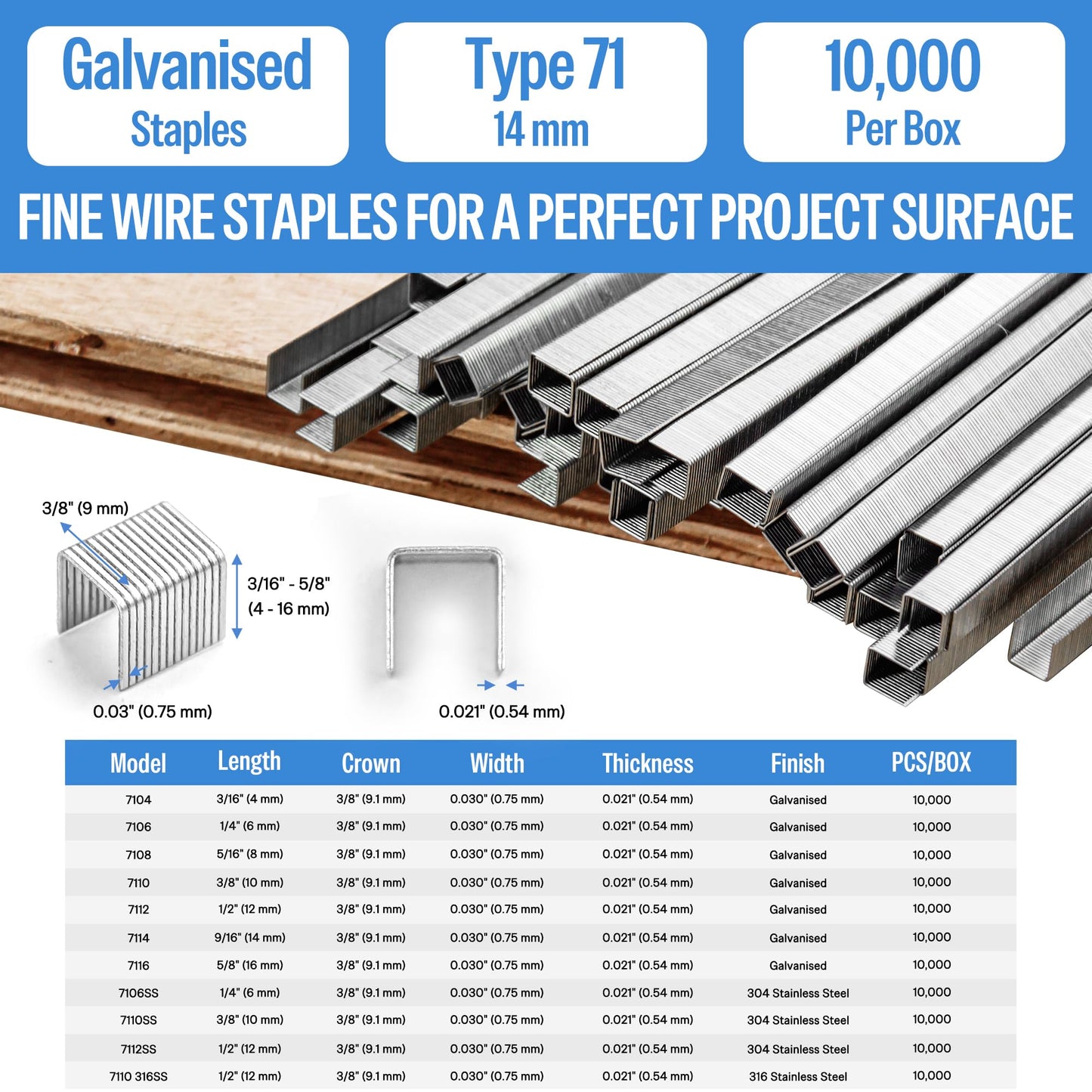 meite 22 Gauge 71 Type 3/8" Crown Wide 9/16" Leg Length Galvanized Staples for Upholstery Stapler, 10,020 Counts/Box (1 Case - 20 Boxes)