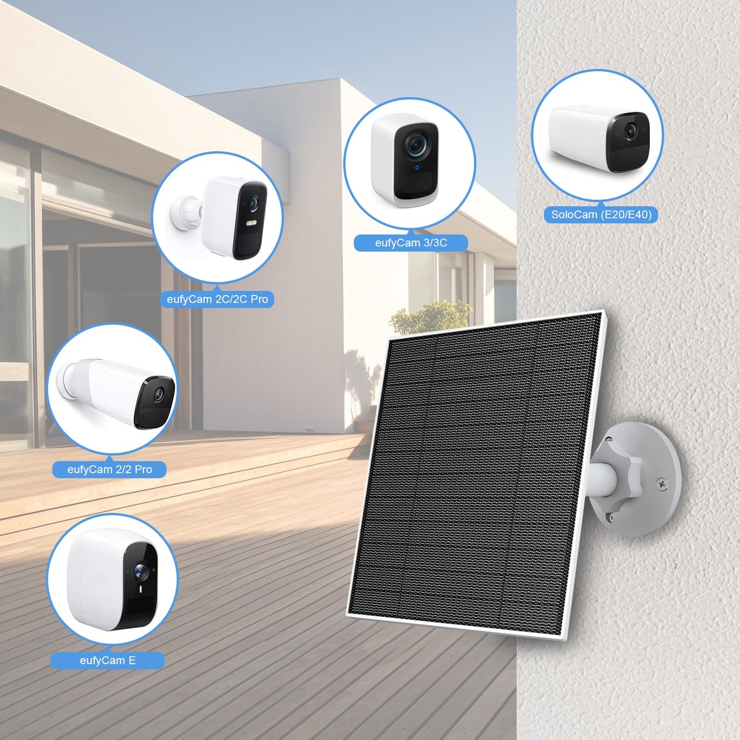 Solar Panel for Eufy Outdoor Camera, 5W Solar Panel Charger Compatible with Eufycam, Continuous Power Supply, 9.8ft Charging Cable, IP65 Waterproof, Adjustable Wall Mount, 1 Pack