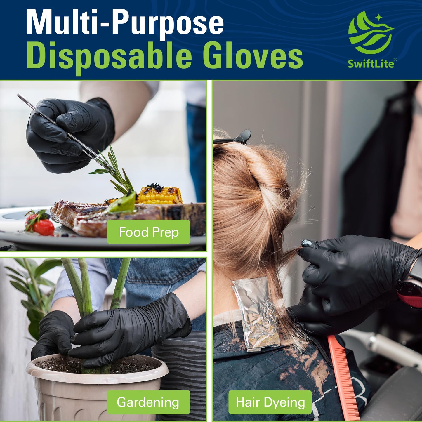 SWIFTLITE Nitrile Gloves, Disposable Black Gloves, Food Safe Rubber Gloves, Latex-Free, Powder-Free for Cooking, Cleaning, Food Prep (Small, 300 Counts)