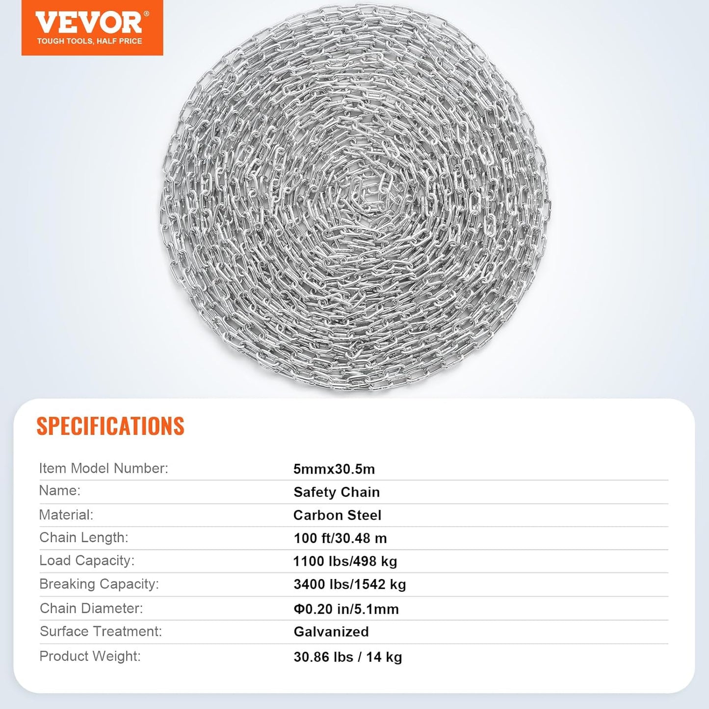 VEVOR Grade 30 Chain 3/16 Inch by 100Ft Length Grade 30 Proof Coil Chain Zinc Plated Grade 30 Chain for Towing Logging Agriculture and Guard Rails