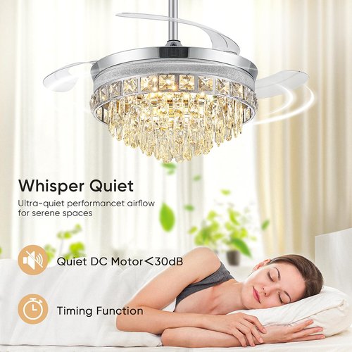 42” Fandelier Ceiling Fan with Light, Chandelier Ceiling Fans with Lights, Crystal Ceiling Fans for Bedroom Living Room, LED Dimmable, 6 Wind Speed,3 Color Temperatures-Chrome
