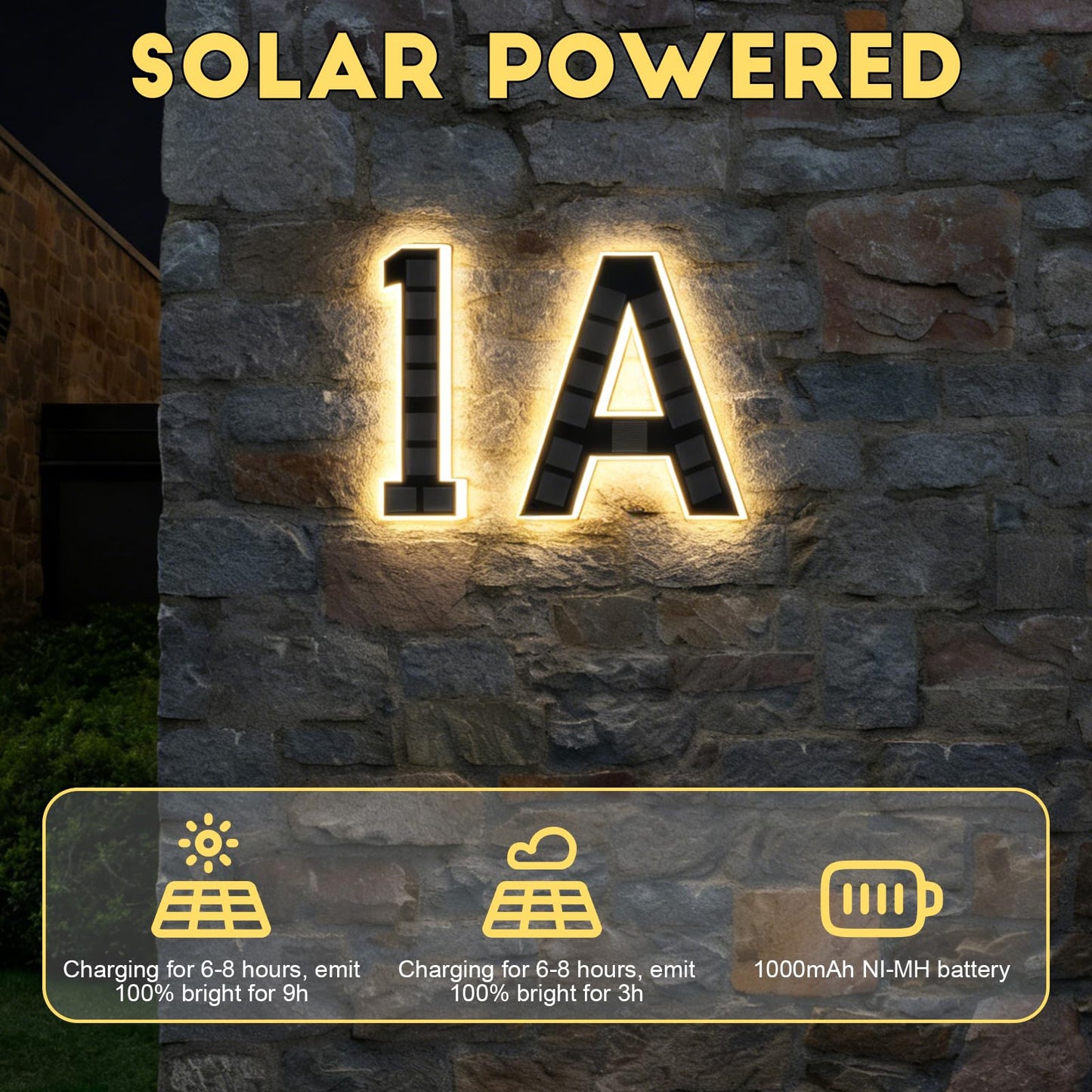 2026 New Solar House Numbers for Outside, Light Up Address Numbers for House, No Drill Adhesive or Screw Mount, IP65 Waterproof LED Illuminated Modern Address Sign, Dusk to Dawn (0, 6.7 inch)