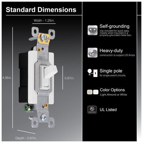 GE Heavy-Duty, Single Pole, In-Wall, Light, Fan, One Switch Circuits, Self-grounding Clip, Easy to Install, 20A/120V AC, UL Listed, White, 42160