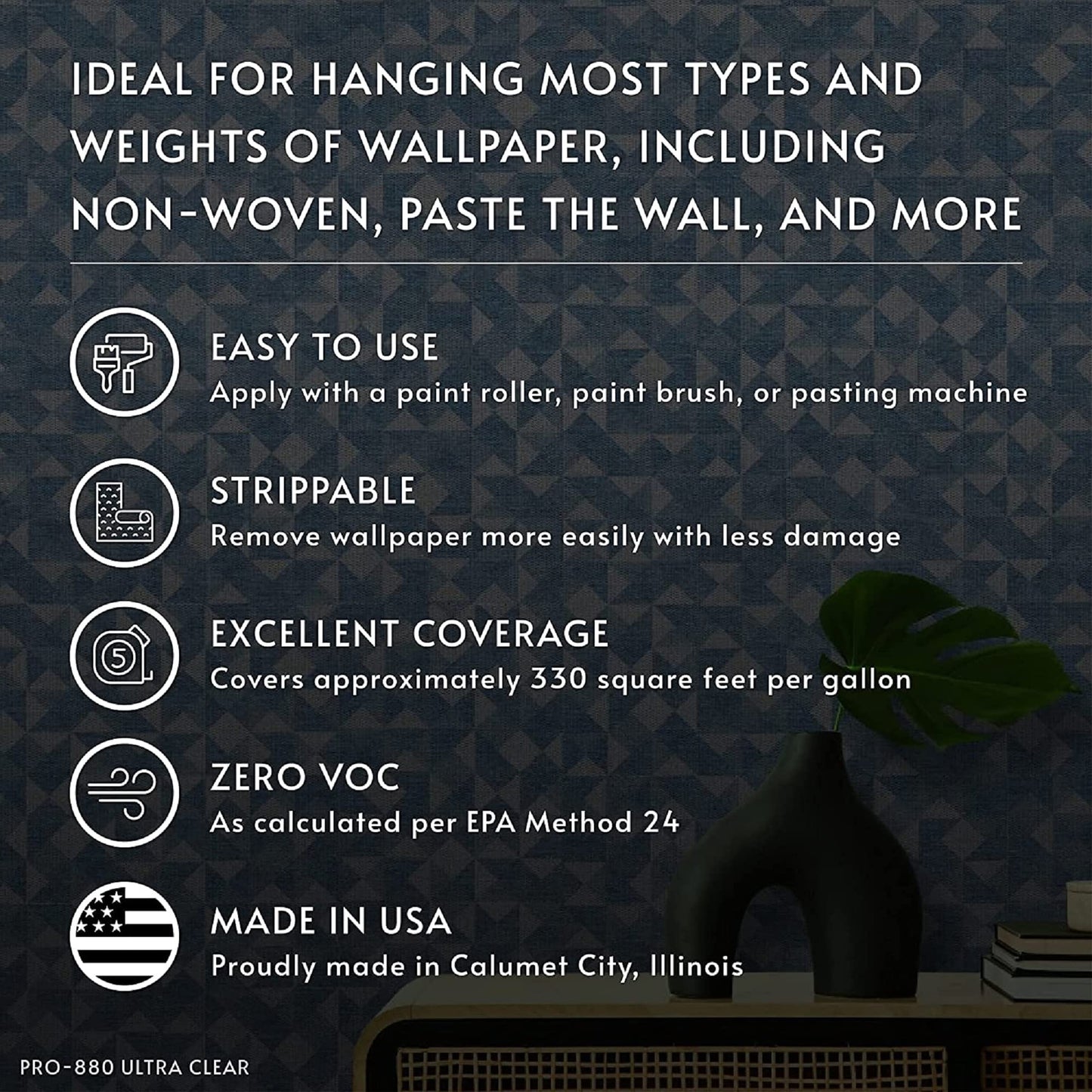 Roman PRO-880 Wallpaper Adhesive & Paste for Any Wallcovering - Ultra Clear Strippable, 1 Gallon(330 sq. ft)