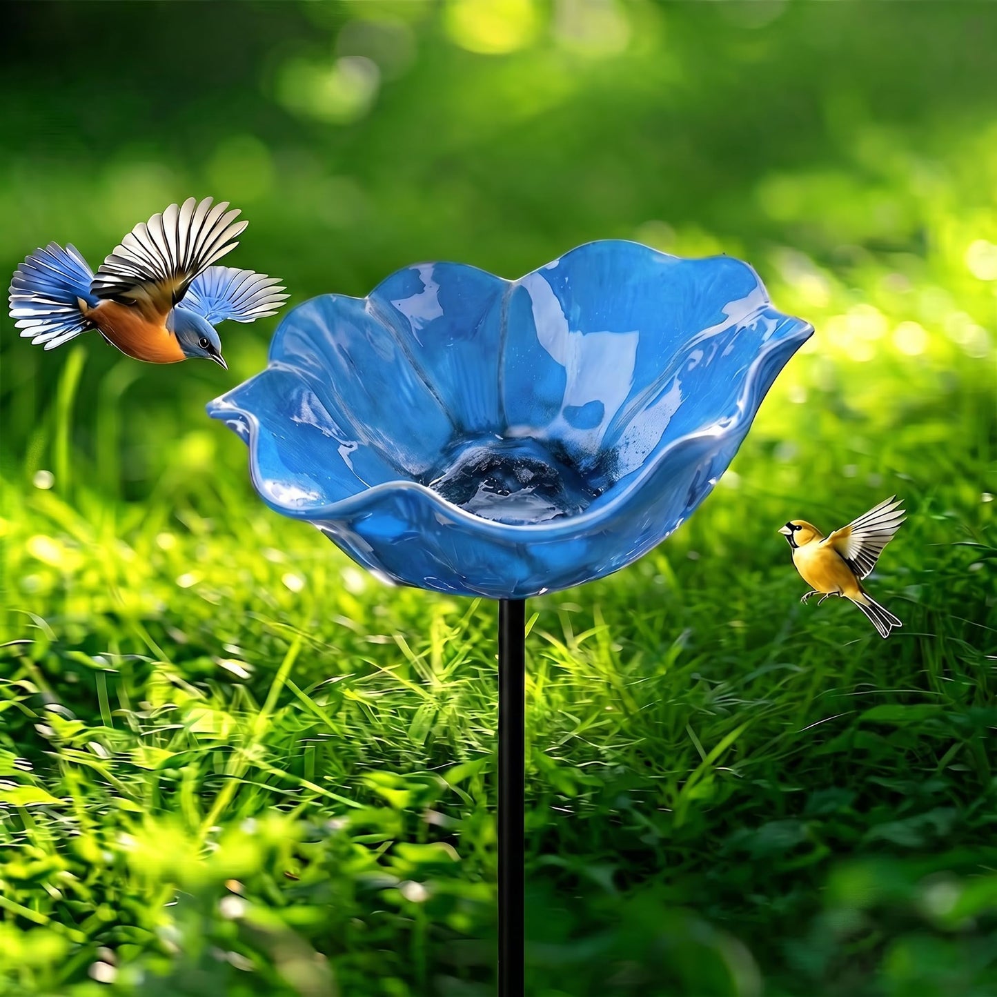 2026 Metal Flower Bird Bath, Bird Feeder & Bee Watering Station, Handmade Metal Flower Stand, Unique Garden Decor for Outdoor Yard. (Blue, 6 inches in Diameter)
