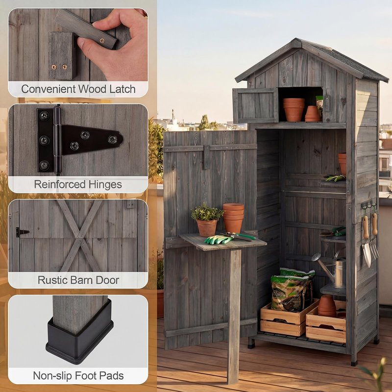 IRONMAX Outdoor Wooden Storage Shed, 70 Inches Outside Vertical Tool Storage Cabinet w/Folding Table & Removable Shelves, Tall Wood Garden Shed for Patio, Deck, Backyard, Lawn (Grey, 30“x20”x70”)