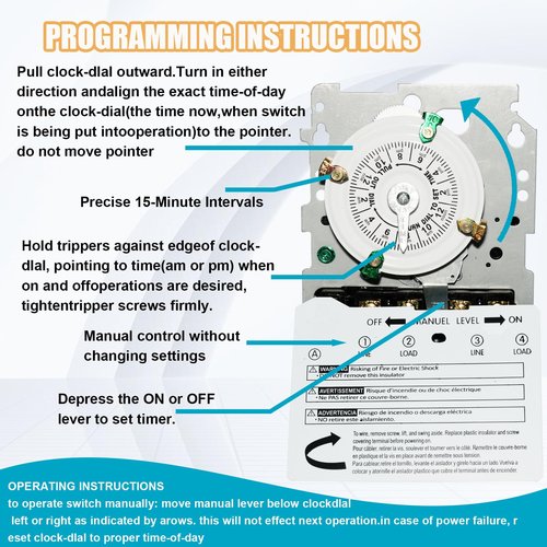 T104M Pool Pump Timer, 208-277V 40A DPST Switch, 24-Hour Mechanical Scheduling, 12 Cycle ON/Off Operations, Manual Override Outdoor Pool Timer for Pump, Reliable Control for Various Loads