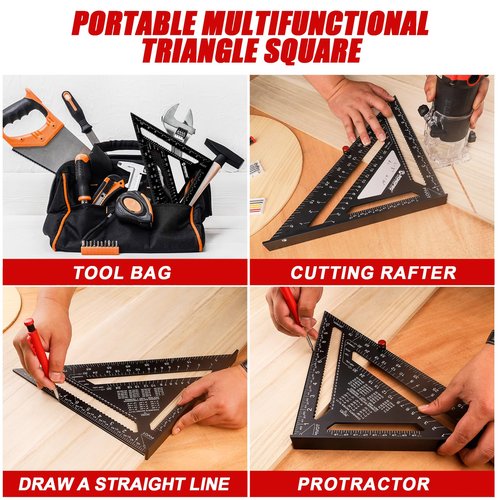 RONGPRO Rafter Square 12 Inch with Woodworking Pencil, Carpenter Measuring Layout Tool, Aluminum Alloy Triangle Carpenter Square for Woodworking- Black, Imperial