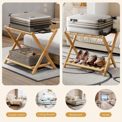 Oakvora Full Assembled Luggage Rack for Guest Room, Set of 2 Foldable Suitcase Stand with 5 Nylon Straps, Luggage Holder with Shoe Shelf for Suitcases Hotel (Natural Wood Bamboo Luggage Stands)