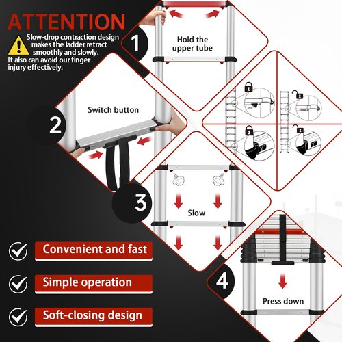 ICARRY Telescoping Ladder 10.8 FT Aluminum One-Button Retraction Collapsible Ladder, Soft Close Design Multi-Purpose Ladder w/Non-Slip Foldable Feet for RV, Household, Outdoor, 250lb Capacity
