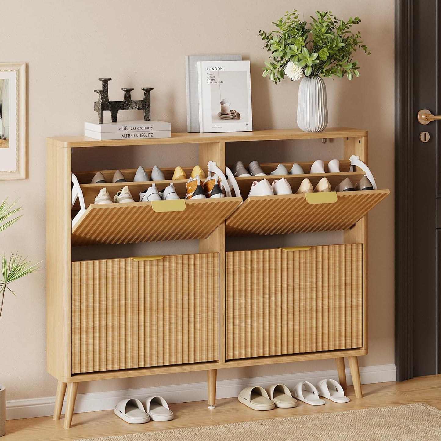 Narrow Shoe Storage Cabinet, Freestanding Shoe Cabinet Organizer for Entryway, Hallway (Oak, 4 Flip)