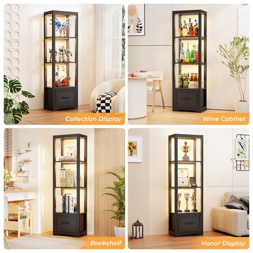 BROTTAR Display Shelf with 3 Color Light, Bookshelf with Drawer, Dimmable Display Cabinet for Collectibles, Bookcase, Display Case for Books, Trophies, Toys, Black