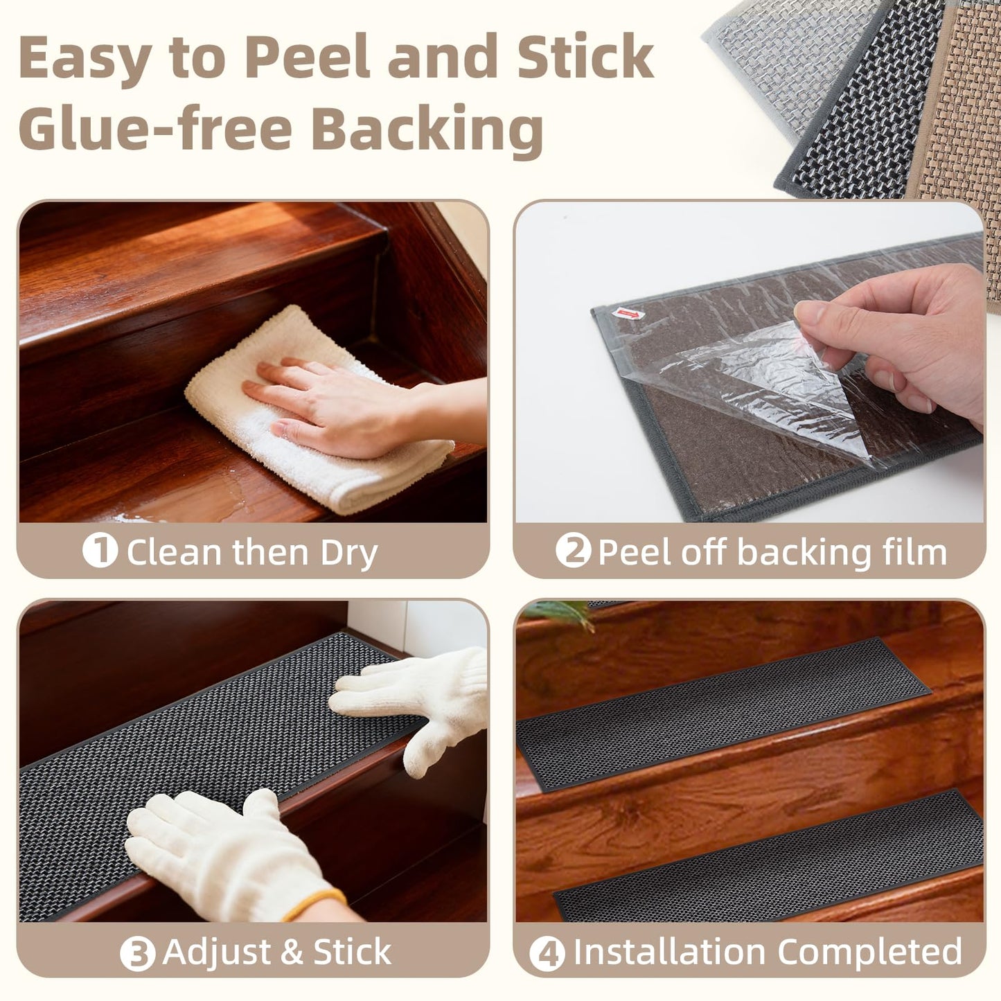 Art3d Stair Treads for Wooden Steps 15Pcs, 8" X 30" X 0.3" Non Slip Stair Runner Rugs with Reusable Adhesive for Elders Kids and Dogs, Machine Washable Peel and Stick Stair Treads Carpet, Black