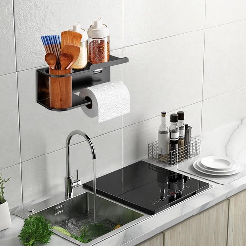 Toilet Paper Holder with Shelf, Self Adhesive or Wall-Mount with Screws for Bathroom, Washroom, Stainless Steel Toilet Tissue Roll Holder with Wipes Storage (Black)