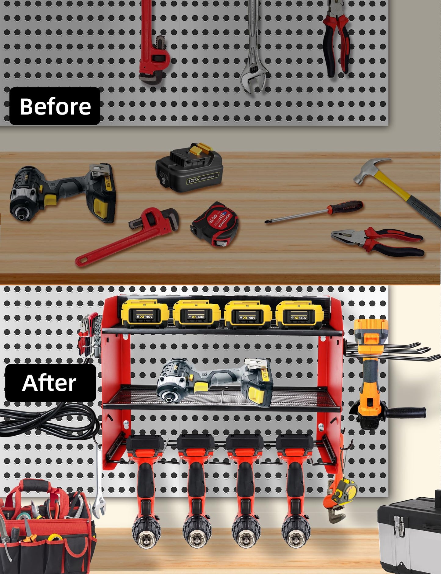 Power Tool Organizer wtih Charging Station，3 Layers Storage Rack with Screwdriver Rack 6 Drill Holders 8 Outlets Max Load 110lbs，for Workshop Garage Organizers and Storage Tool Battery Holder (Red)