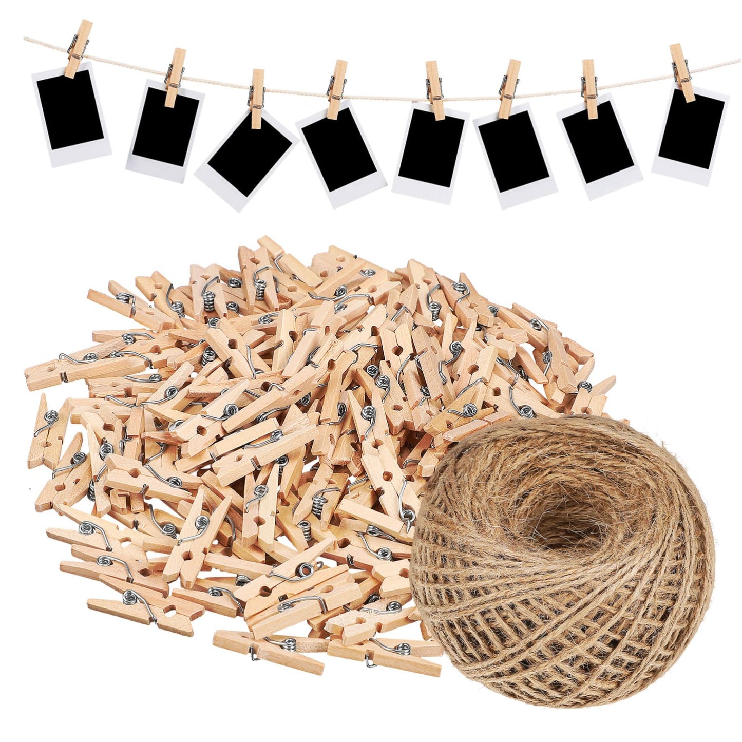 Garneck 1Roll Natural Jute Rope with Wooden Clips Hemp Twine for DIY Crafts Wrapping and Garden Decorations