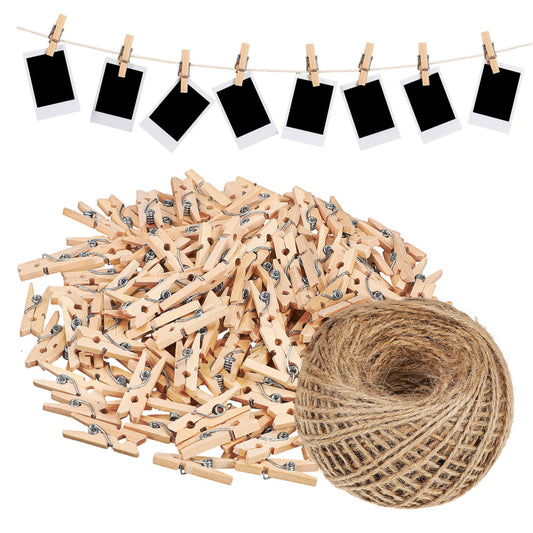 Garneck 1Roll Natural Jute Rope with Wooden Clips Hemp Twine for DIY Crafts Wrapping and Garden Decorations