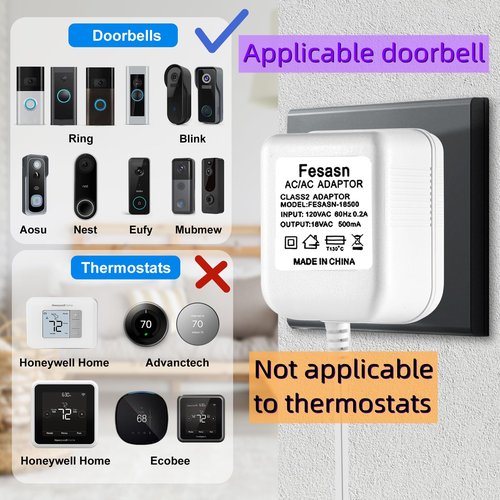 Fesasn AC18V Doorbell Power Adapter for Ring Doorbell Wired, Compatible with Ring Zmodo Smart Doorbell and Nest Hello Doorbell (with 16.5 Foot Cable White)