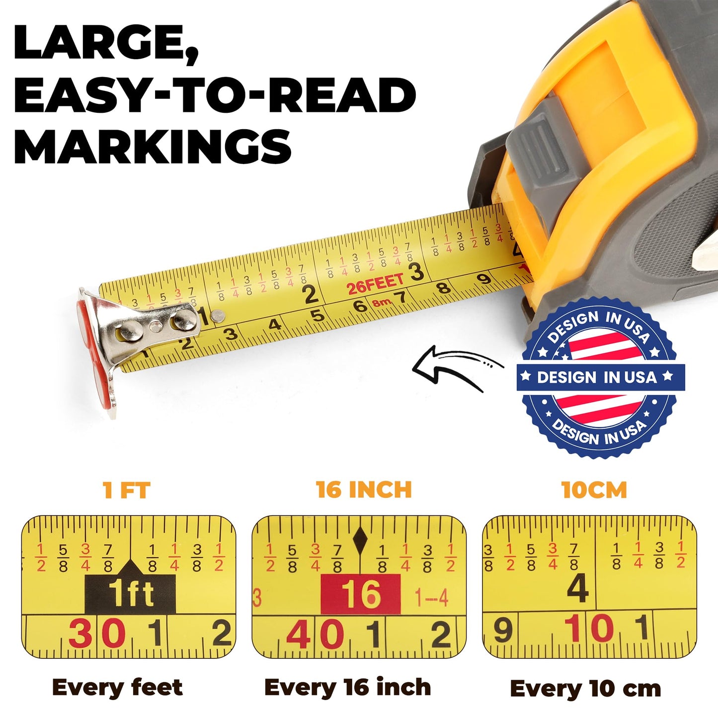 MulWark 26ft Measuring Tape Measure by Imperial Inch Metric Scale with Both-Side Metal Blade,Magnetic Tip Hook and Shock Absorbent Case-for Construction,Contractor,Carpenter,Architect,Woodworking
