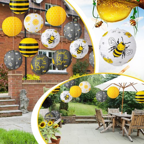 Panelee 12 Pcs Bee Paper Lanterns Party Decorations 8 Inch Hanging Round Hanging Paper Party Decorations for Holiday Indoor Outdoor Supplies