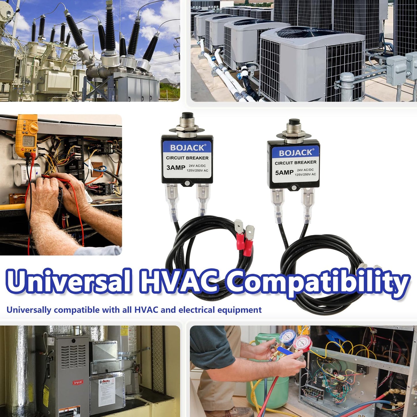 BOJACK 3 Amp 5 Amp Resettable Fuse HVAC Tools Circuit Tester for Circuit Breaker 24V AC/DC & 125/250V AC