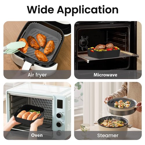 Redfly 2 Pack Silicone Air Fryer Liners, Square Reusable Non-Stick Basket Inserts for 4-5 QT Air Fryers, Dishwasher Safe Parchment Paper Replacement Accessories Gray & Black
