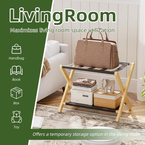 vovala Luggage Rack, Folding Suitcase Stand with Storage Shelf, Premium Bamboo Luggage Holder for Guest Room, Bedroom, Hotel, Closet, Holds up to 135 lb (Natural)