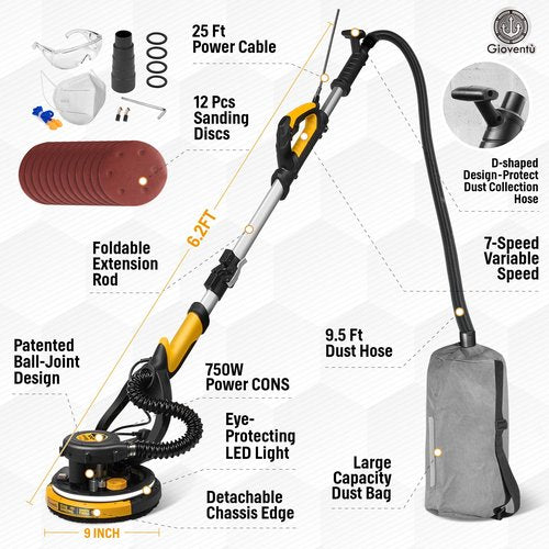 Drywall Sander, 750W Powerful Electric Drywall Sander with Vacuum Attachment, Auto Dust Collection, 7 Variable Speed 900-1800RPM, Dustless Wall Sander with Long Power Cord for Popcorn Ceiling, Drywall