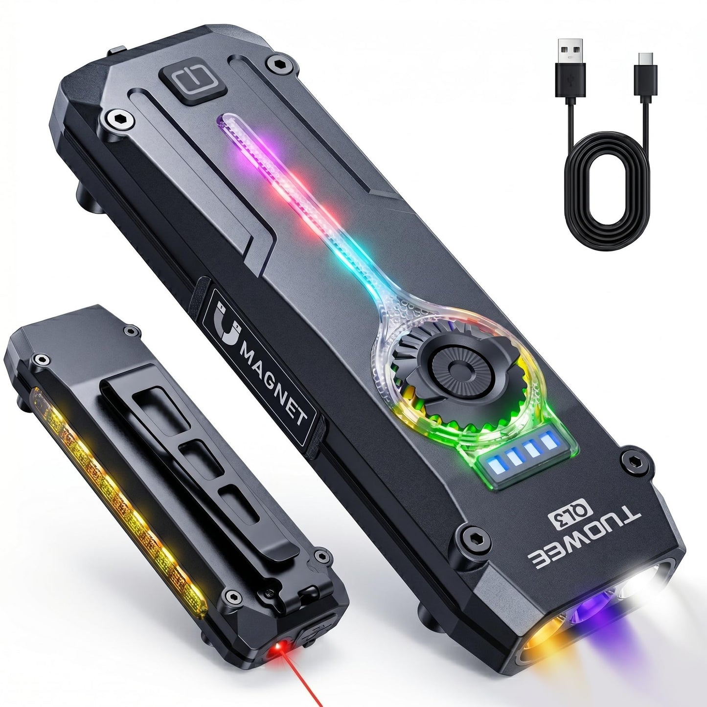 UV Flat EDC Flashlight Rechargeable 1800 High Lumens Pocket Light with RGB,Magnetic Base Small Flashlights with Dual Switch,Stepless Dimming,USB-C Waterproof Work Flash Light for Work,Home,Emergencies