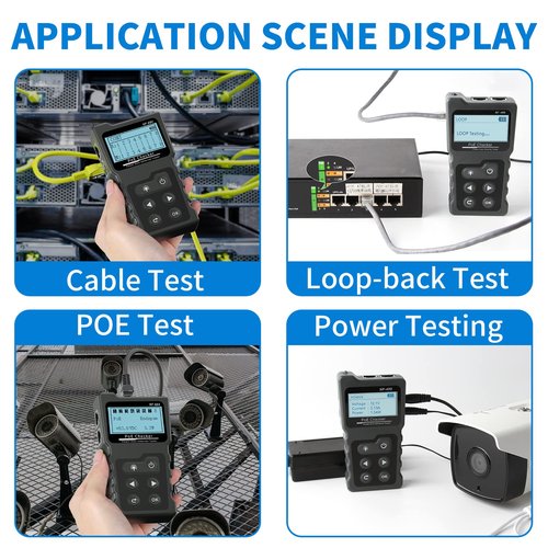 RJ45 Network Cable Tester, VXSCAN Multifunction Poe Ethernet Cable Tester Kit for CAT5e/CAT6/CAT6a, Network Cable Continuity Tester DC Power & Switch Loop-Back Test Poe Checker