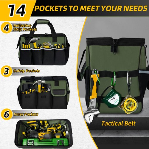 NECKORY Tool Bag, Portable Tool Box Organizer Adjustable Shoulder Strap, Carry Tool Tote Heavy Duty Tool Storage Bag With Wide Mouth,Tool Bags for Men Mechanic EngineerGift - L, Army Green & Black