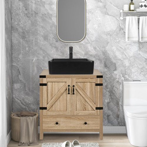 28 inch Natural Color Bathroom Vanity, Rustic Fixture Standing Pedestal Cabinet with Black Ceramic Vessel Sink